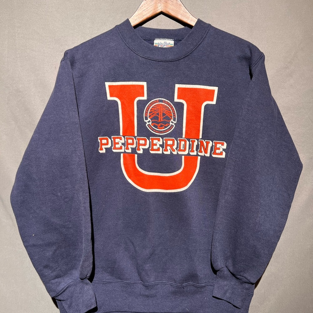 Vintage Pepperdine Men's Navy and Orange Crewneck Sweater